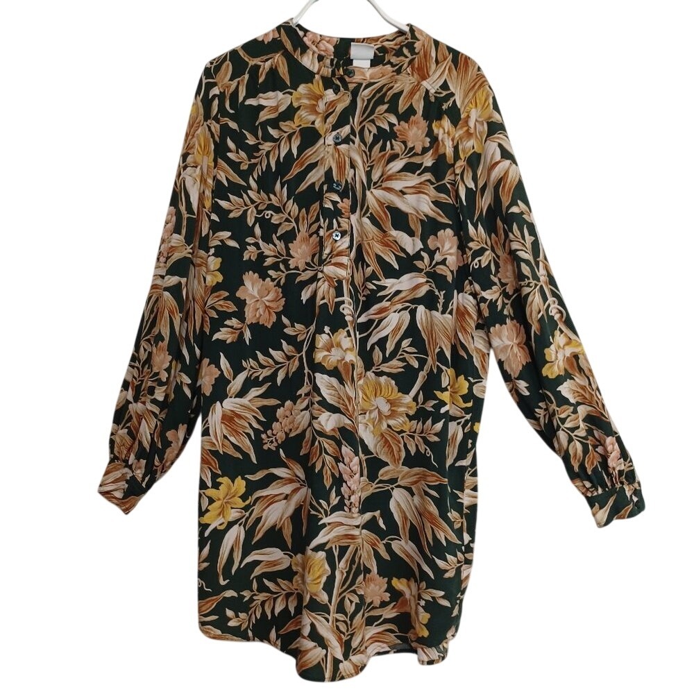 HM Dark Green Floral Botanical Tunic Dress Band Collar Long Sleeve Viscose Sz 2